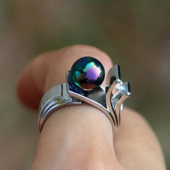 💋Gorgeous Sterling Silver Lux Black Rainbow Iridescent Tahitan Pearl & CZ ring - Picture 9 of 17